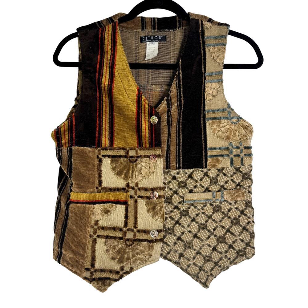 Citron Vintage Tapestry‎ Patchwork Vest Artsy Western Moody Americana Boho Small